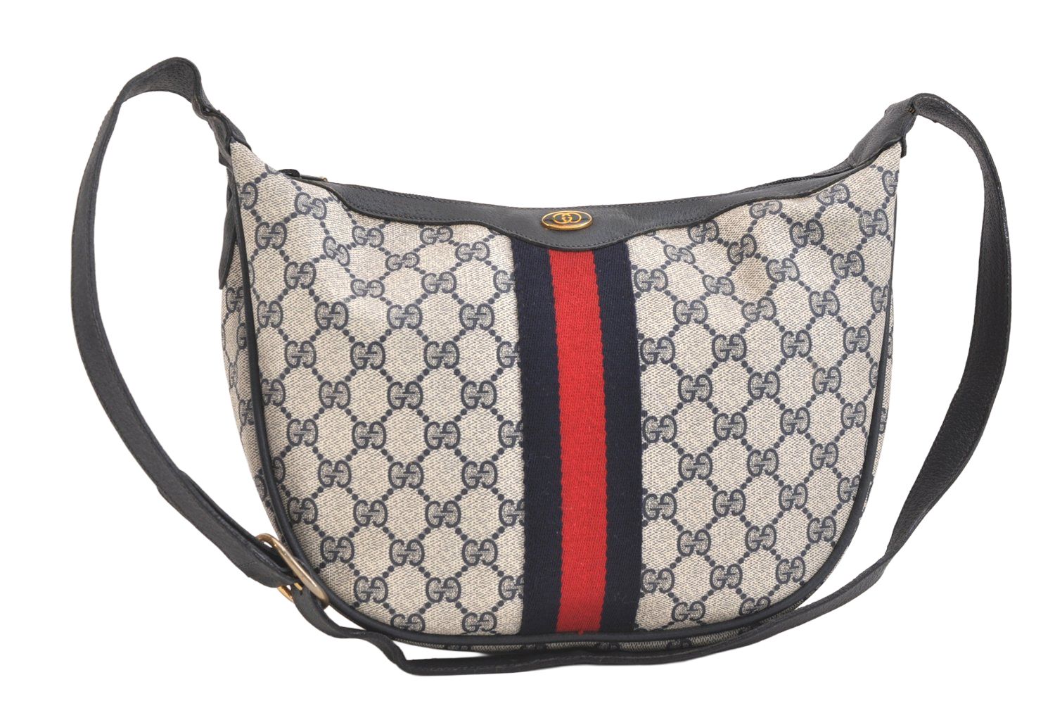 GUCCI グッチ シェリーライン ショルダーバッグ GGピーブイシー レザー ネイビーブルー ジャンク 2457N