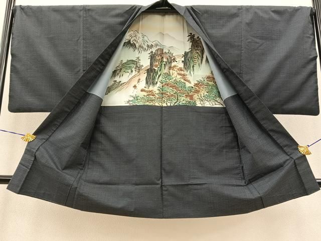 平和屋着物○男性 本場大島紬 アンサンブル 鉄紺色 キングサイズ 正絹