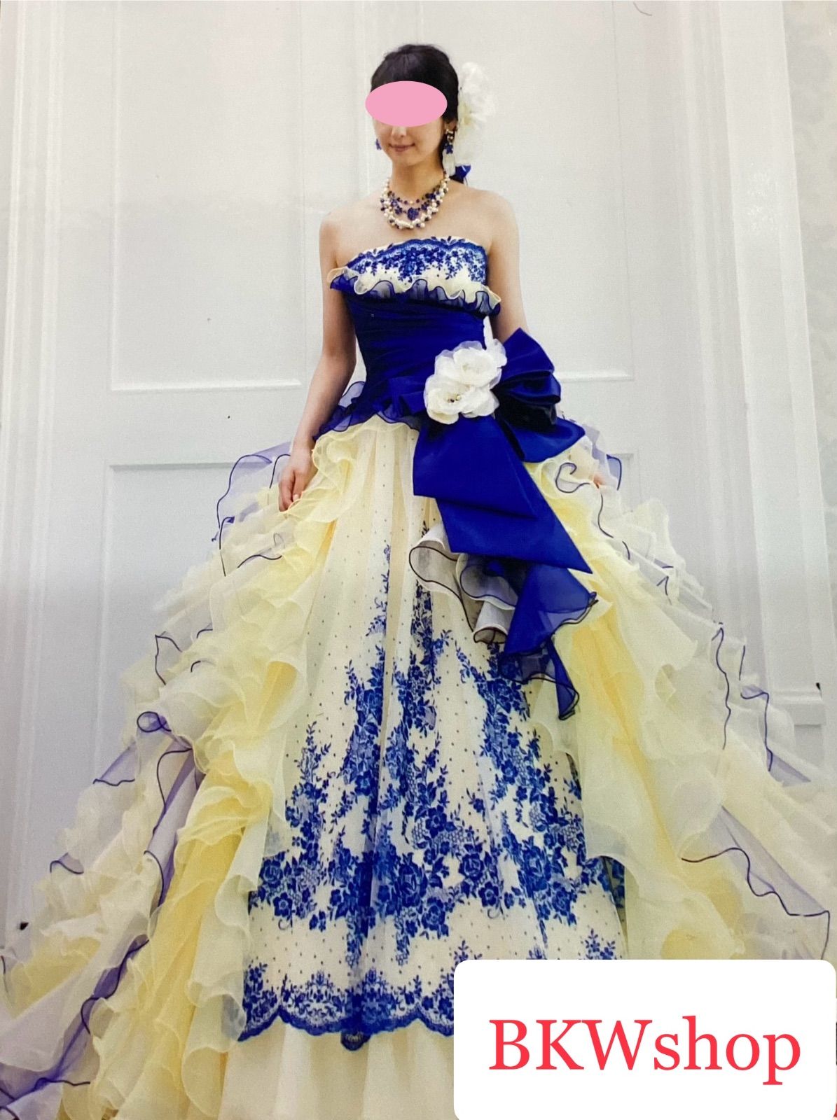 現品限り used ドレス ブルーイエロー グリッター フリル ウエストリボン 佐々木希 ブランドドレス 結婚式 お色直し パーティー 演劇 芝居 コスプレ ステージ ダンス 舞台 レイヤー