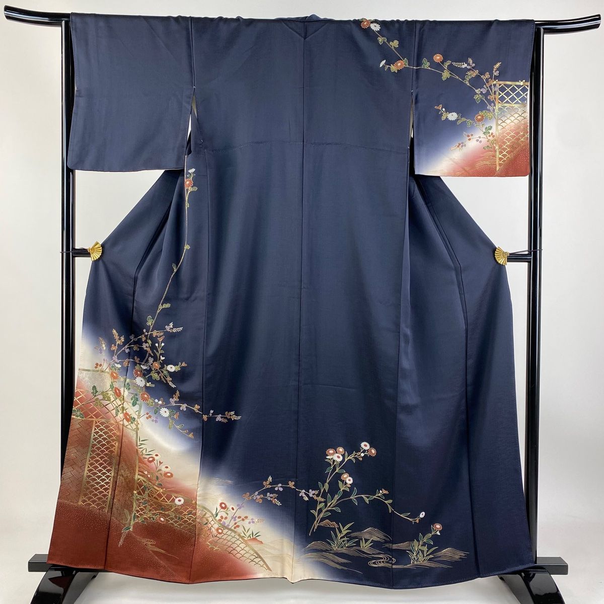 訪問着 身丈159.5cm 裄丈64cm M 袷 菊 青海波 金彩 ぼかし 濃紺 正絹 秀品