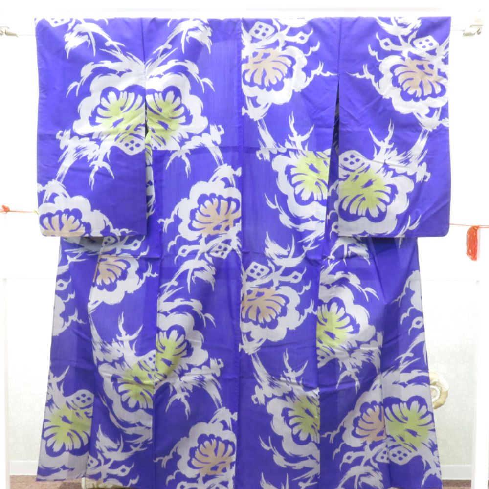 アンティーク 単衣 紫 グレー 黄 茶 松 バチ衿 正絹 レトロ 明治・大正