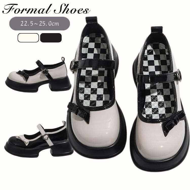 ストラップ パンプス 太ヒール 厚底 PUレザーメリージェーン靴 リボン 黒白 可愛い きれいめ 厚底靴 レディース 学生 卒業 発表会 女性用