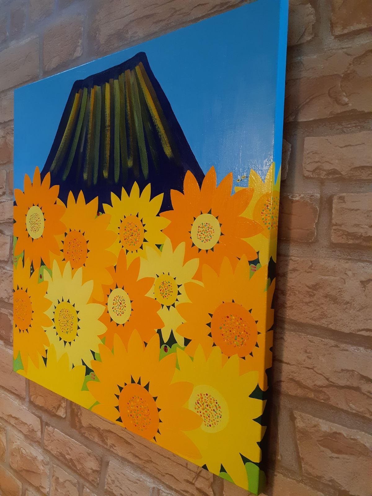 ハッピー富士山とひまわり畑 S10号キャンバス アクリルガッシュ 小楠