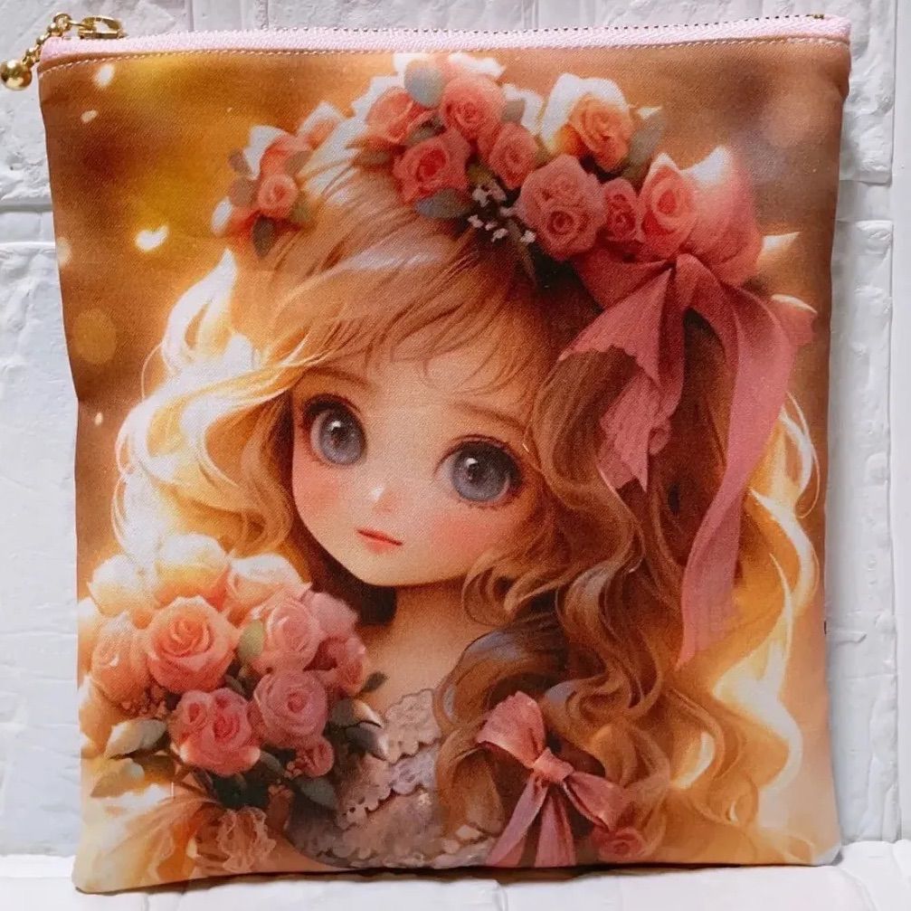 可愛い女の子パネル生地　ハンドメイド　フラットポーチ フラットポーチ ハンドメイド 可愛い女の子 パネル生地 幻想的