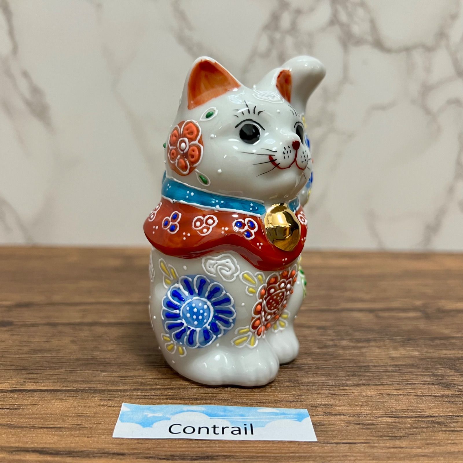 九谷焼】3.3号 招き猫 白盛花 左手 千客万来 縁起物 置物 Maneki