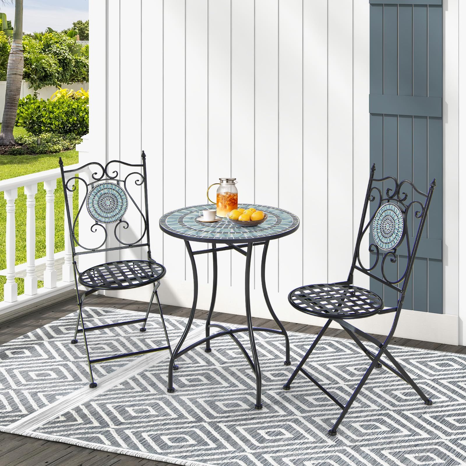 TANGKULA ガーデンテーブル 直径60cm 耐荷重50kg タイルテーブル 防水 モザイク柄 アンティーク調 机 庭 パティオ テラス アウトドア ベランダ 屋外 屋内 アイアン製 おしゃれ 組立簡単 浅緑色