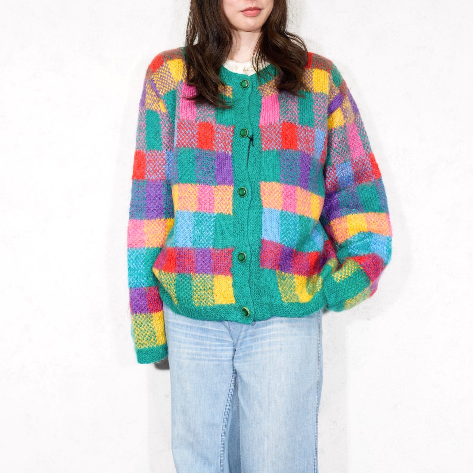USA VINTAGE COLORFUL CHECK PATTERNED MOHAIR KNIT CARDIGAN アメリカ古着カラフルチェック柄デザインモヘアニットカーディガン