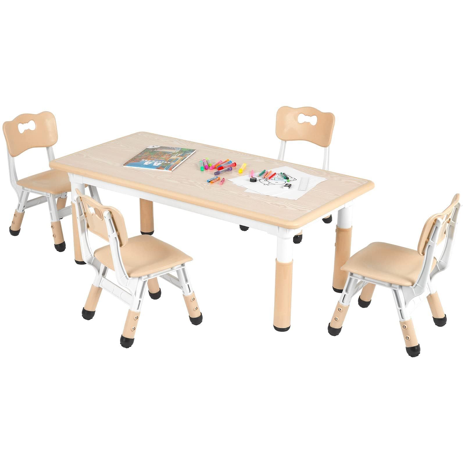在庫セール キッズテーブルと4チェアセット 子供の高さ調節プラスチックテーブル ベッドルーム プレイルーム 幼稚園 保育園ロング 子供のゲームテーブル 2～8歳用 耐荷重150KG 子供用テーブル ブラウン CHIIRAKU