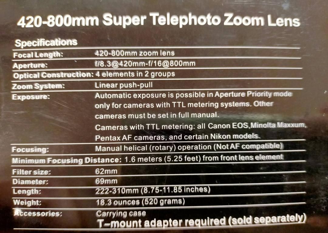 アプテカ (Opteka) 420-800mm f/8.3 HD望遠ズームレンズ