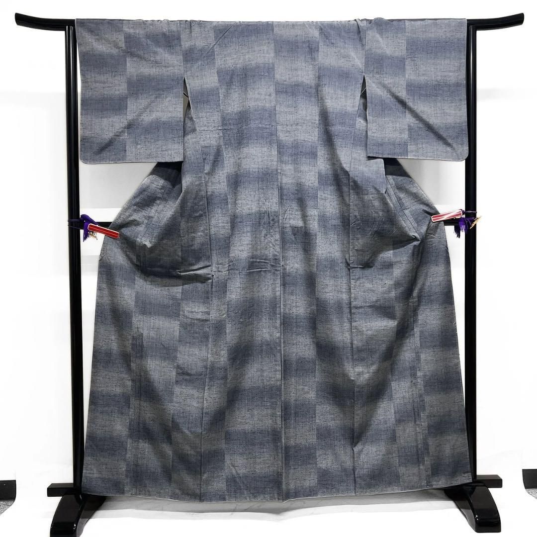 小紋 紬 変わり市松 グレー お洒落 グラデーション 着物 092a d