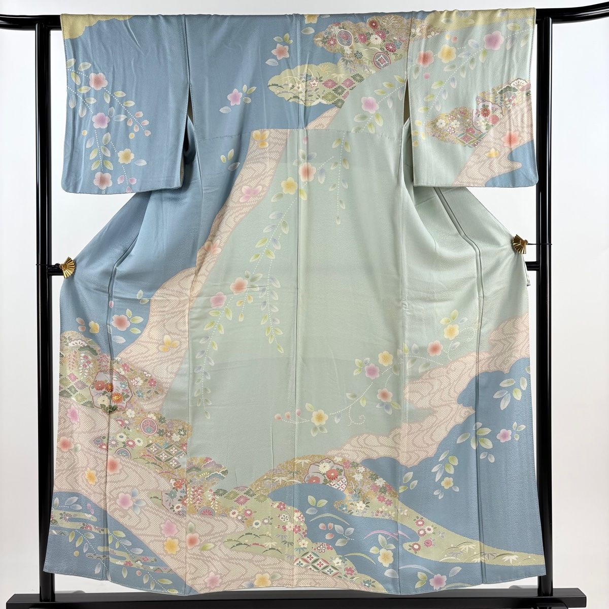 訪問着 身丈156cm 裄丈62cm S 袷 草花 流水 金彩 金糸 水色 正絹 名品