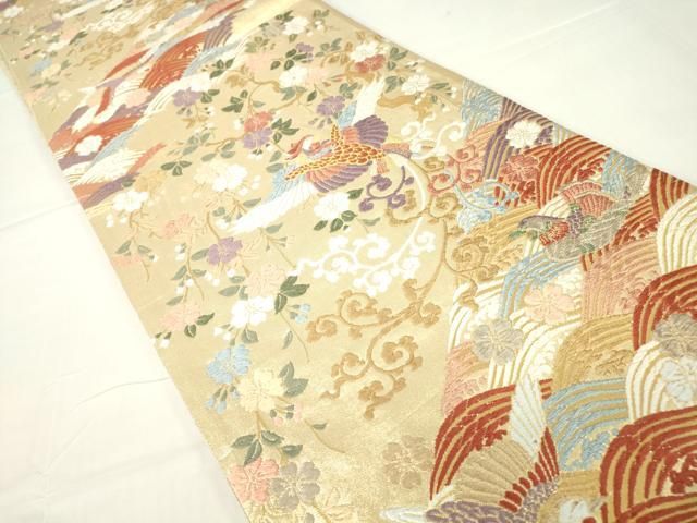 平和屋着物●佐賀錦 六通柄袋帯 唐織 瑞鳥桜花流波文 金糸 正絹 DAAX3719az