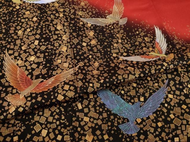 平和屋着物●染色作家　斉藤三才　小紋　三才鳥　更紗花文　銀彩　正絹　逸品　AAAY1598np 平和屋着物○染色作家 斉藤三才 小紋 三才鳥 更紗花文 銀彩