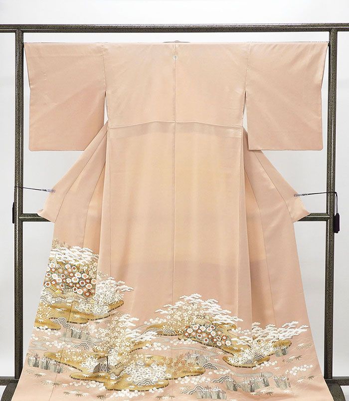 色留袖 正絹 家屋 四季花 風景 身丈166cm 裄丈66.5cm 丸に抱茗荷 一つ紋 リサイクル 着物 フォーマル レディース f4076