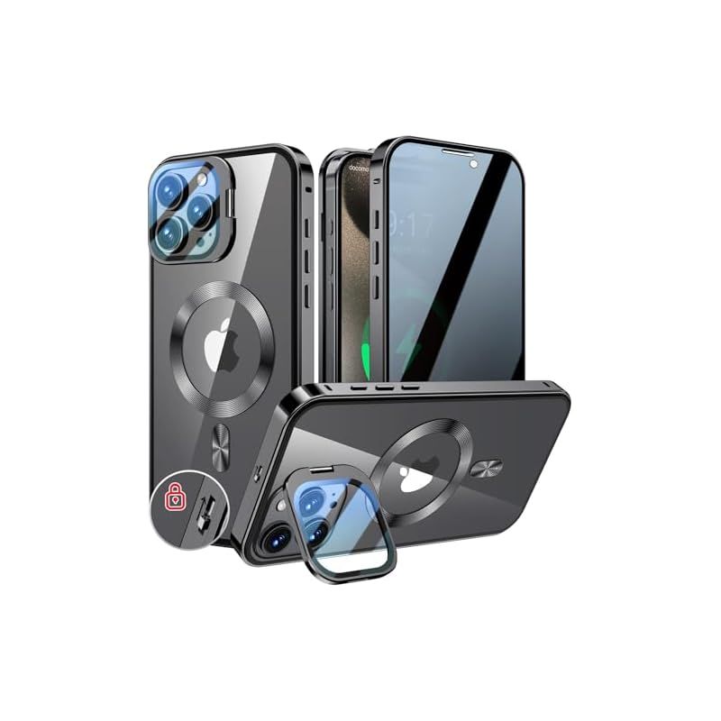 KELLCASE【カメラレンズ保護・スタンド+覗き見防止+MagSafe対応 】iPhone 16 Pro 用 ケース 全面保護 隠しスタンド付き ロック付き 両面 マグネット式 アイフォン16プロ カバー ストラップホール付き