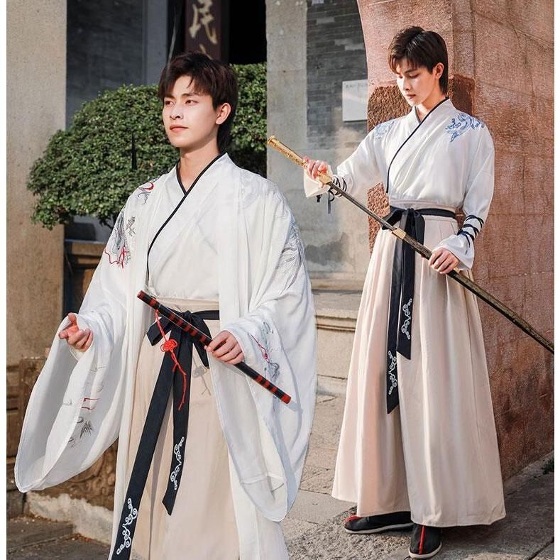 メンズ漢服唐装 大人男性用中華服 白系チャイナ服 小袖 大きい袖羽織＋スカート 袴 2点セット 3点セット 魚龍鶴刺しゅう 華流コス