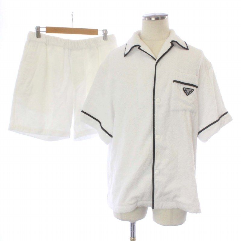 プラダ PRADA 22SS コットンテリーボウリングシャツ Cotton Terry Bowling Shirt Shorts セットアップ 上下 シャツ 半袖 ハーフパンツ イージー パイル地 三角ロゴプレート M 白 ホワイト SC559 S212 1Z