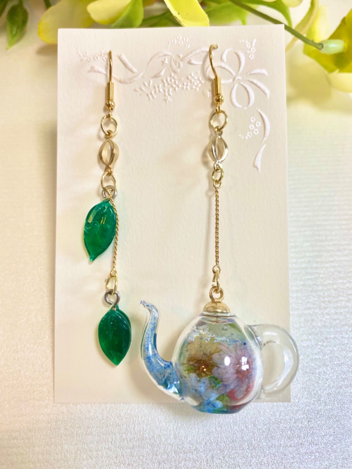 青 葉っぱ イヤリング ピアス アクセサリー 紅茶 夏 ティーポット