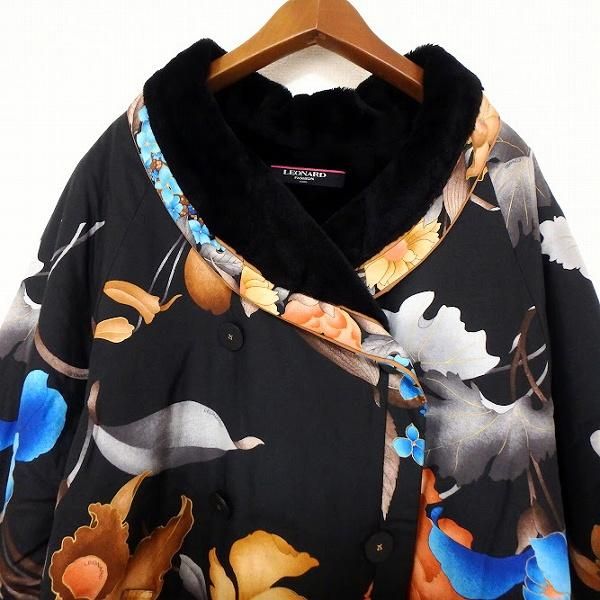 wnc レオナール LEONARD コート 9R 黒 マルチ 花柄 中綿 裏地ボア