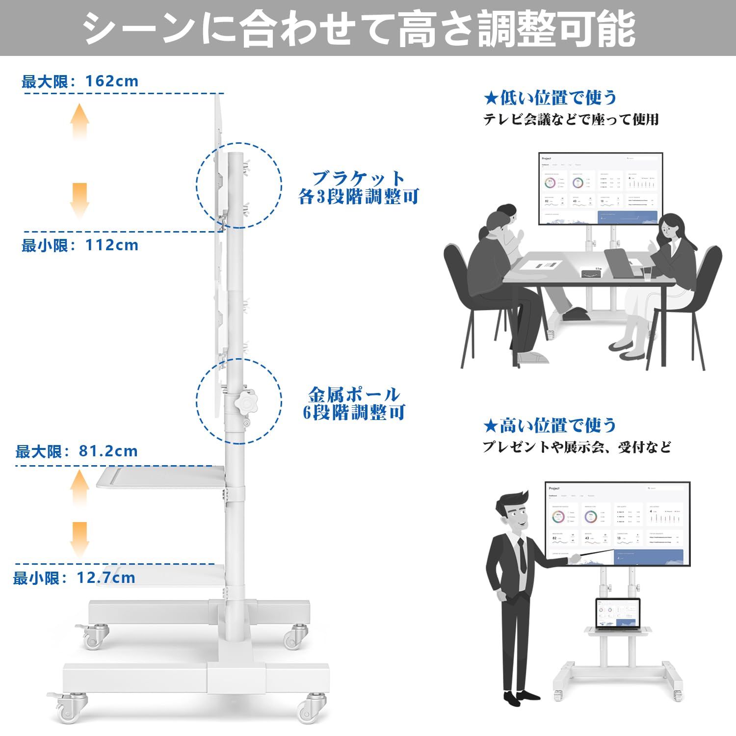 在庫処分】32~75インチ対応 二重支柱設計 高さ調節可能 棚付き テレビスタンドハイタイプ 移動式 tvスタンド 耐荷重40kg  VESA600X400mmまで テレビスタンドキャスター付き 省スペース 家用・会社用 Rfiver ホワイト - メルカリ