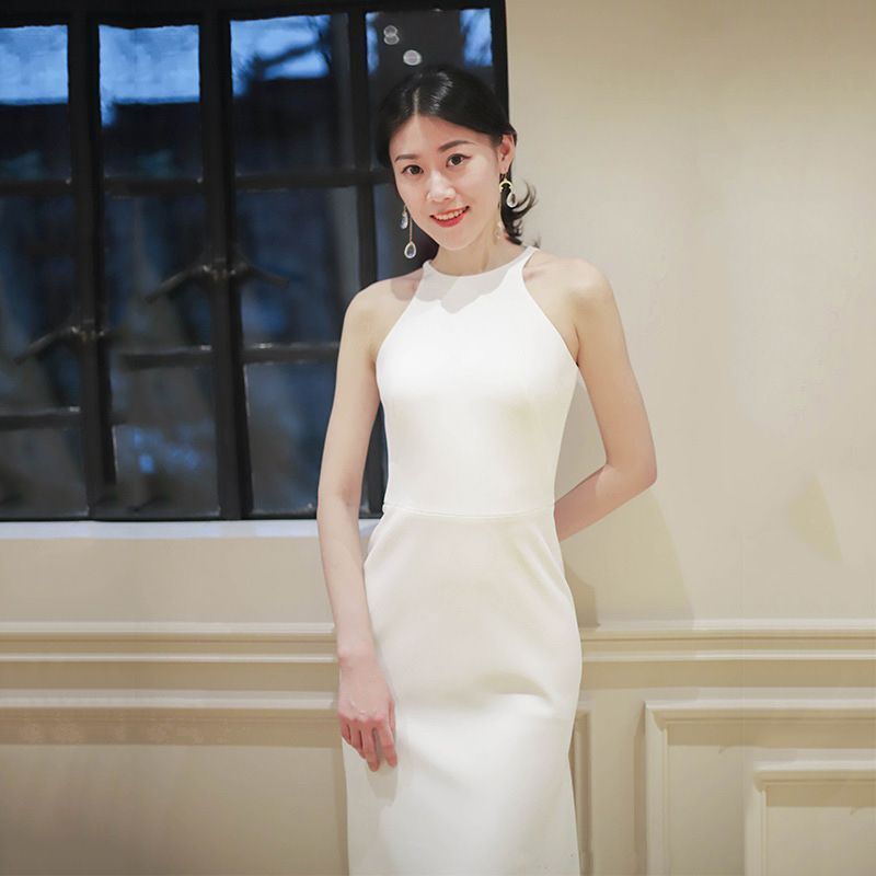 ウェディングドレス ハイネック マーメイド サテン ホワイト 小柄用