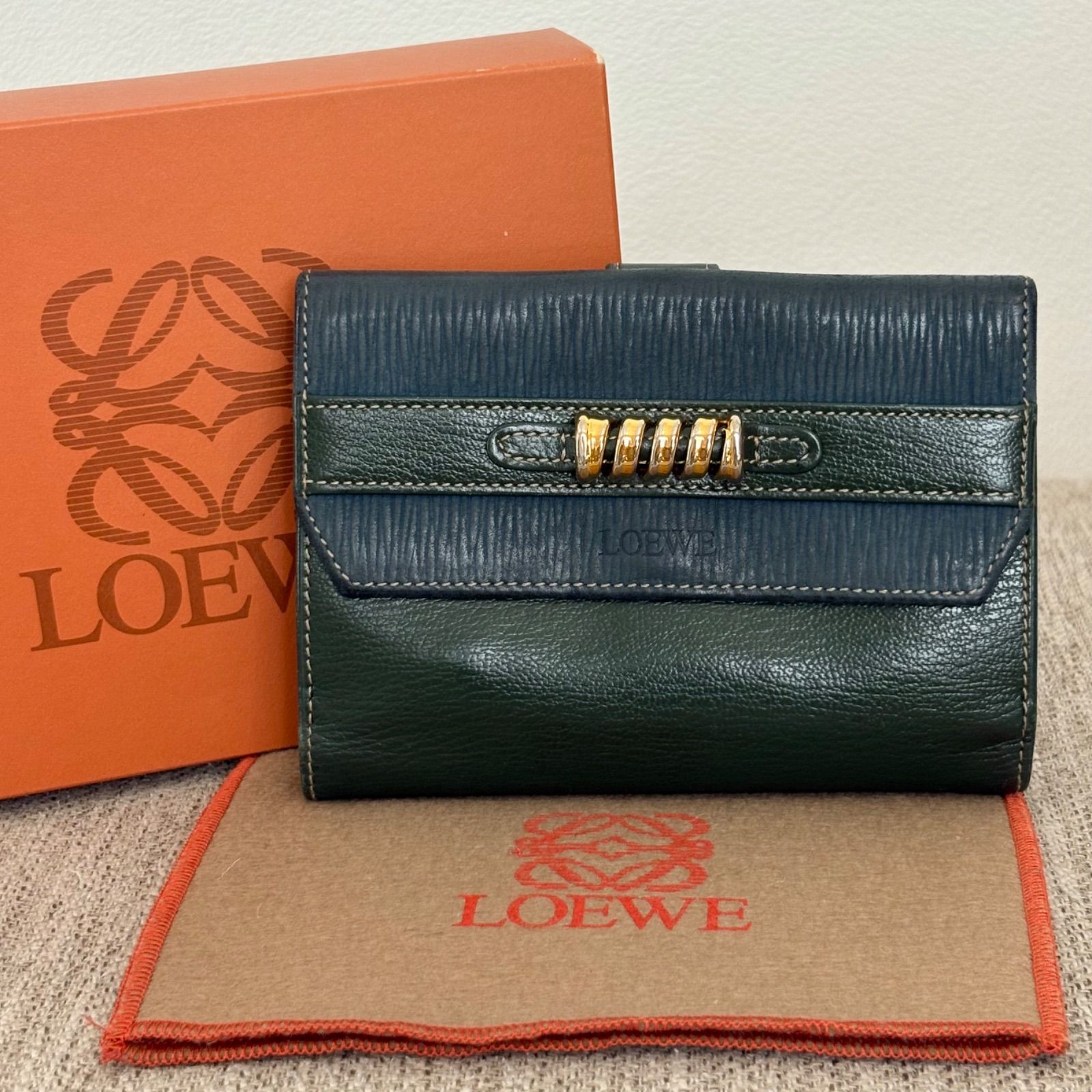 希少LOEWE オールドロエベ ヴィンテージ ベラスケス 折り財布 レザー 箱付き】ロエベ 折り財布 ベラスケス グリーン レザー