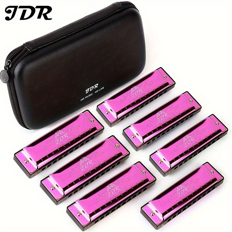 JDR 7ピースハーモニカセット 10ホール 20トーン ダイアトニックブルースハープ ステンレススチール ポリッシュ仕上げ レザーケース付き C D E F G A Bbキー 大人 学生 プロ向け ピンク