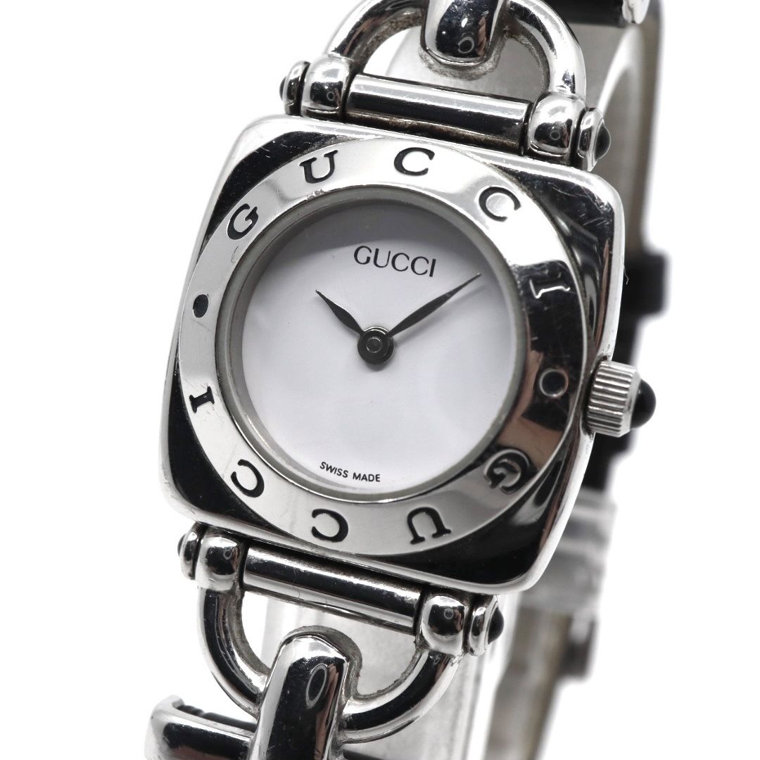 |電池交換済| ベルト 社外品 グッチ GUCCI 6300L レディース腕時計 クオーツ スクエアケース シルバー ホワイト文字盤 ブラックレザーベルト ホースビットデザイン クラシック エレガント ドレスウォッチ SWISS MADE G2