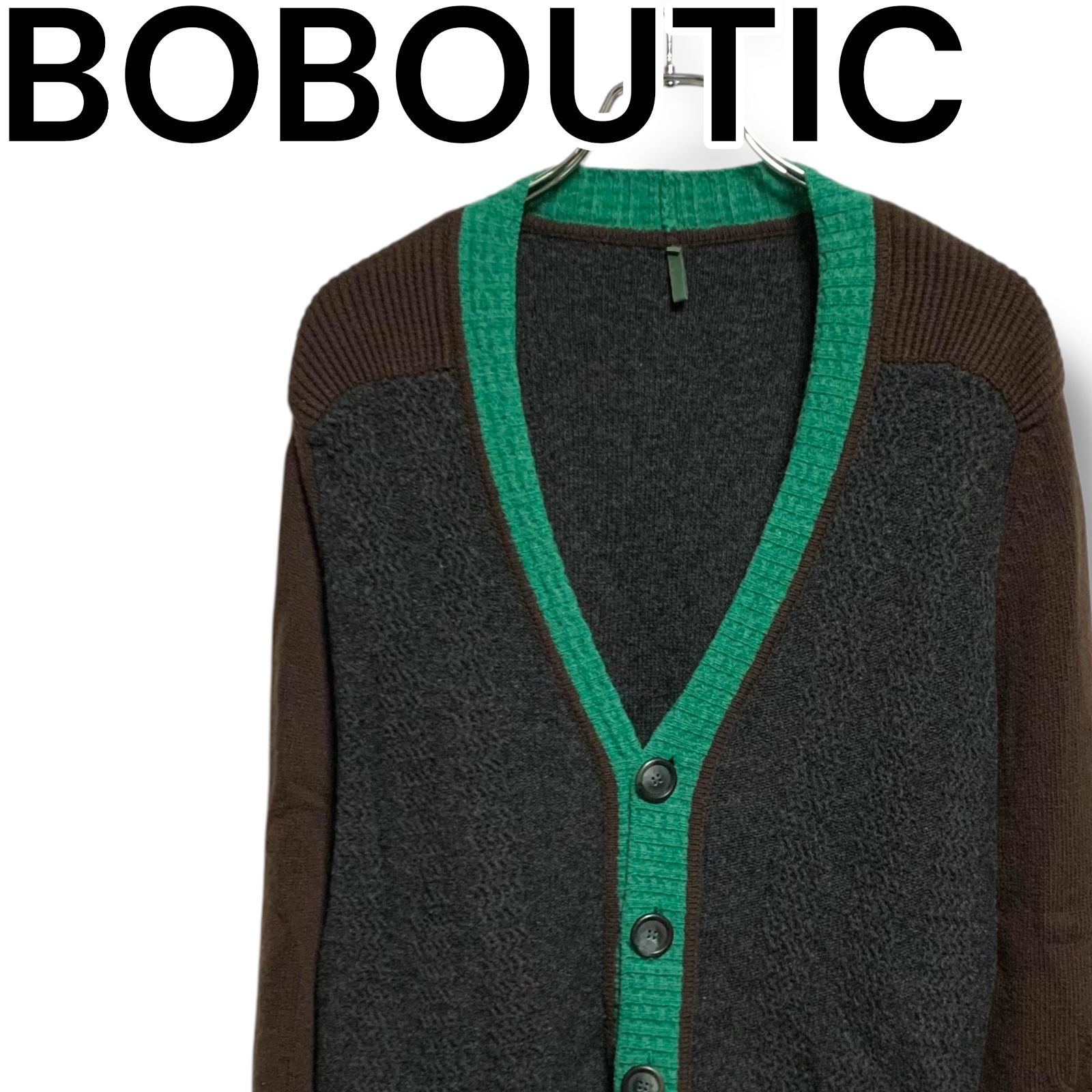 BOBOUTIC ボブティック マルチ カーディガン ウール ジオロング ラムズウール イタリア製 Mサイズ レディース ブラック ブラウン グリーン 配色 上質素材 秋冬 001118H