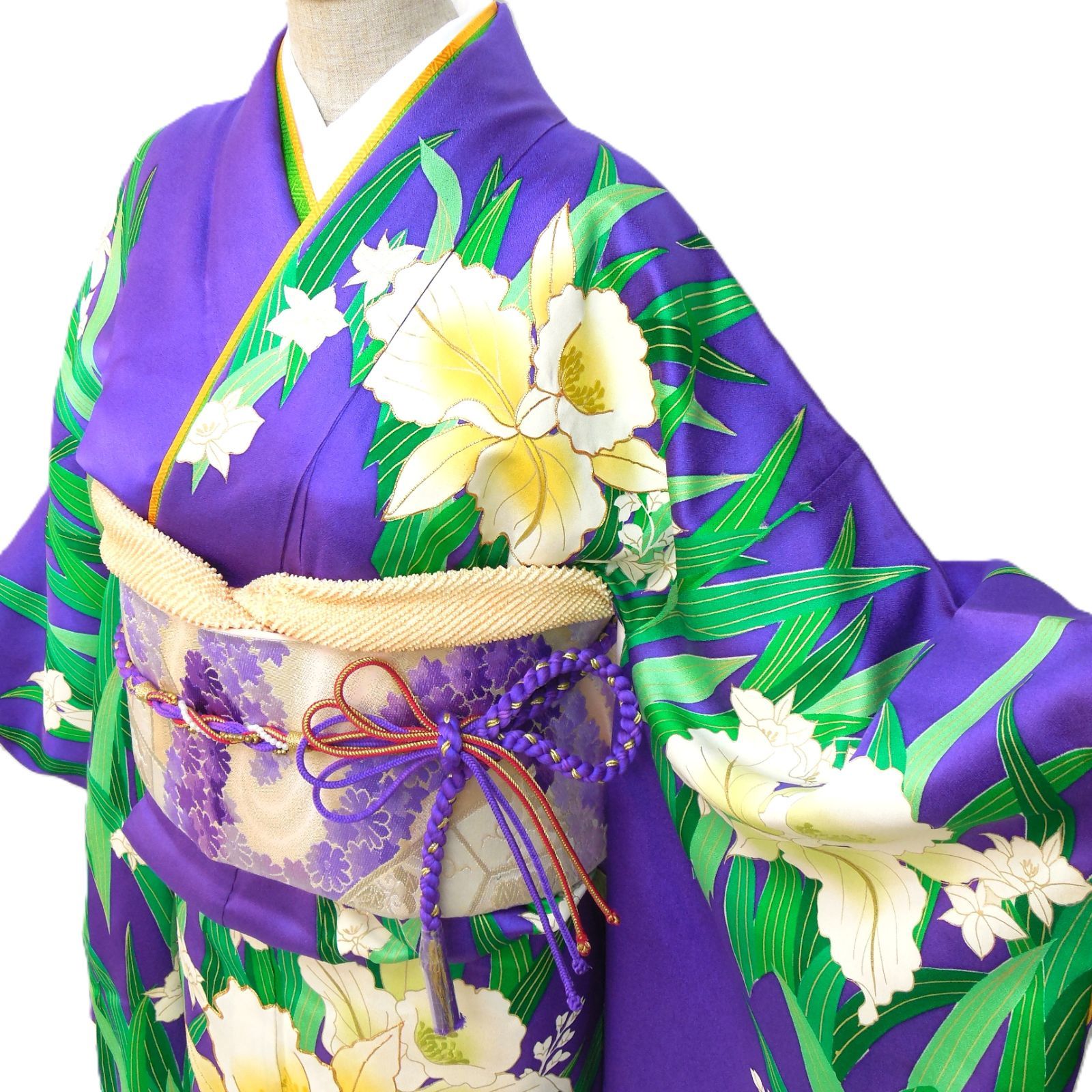 お振袖フルセット　7点セット　紫　正絹　美品　成人式 フォロワ割】美品☆クリーニング済 振袖フルセット 正絹 成人式
