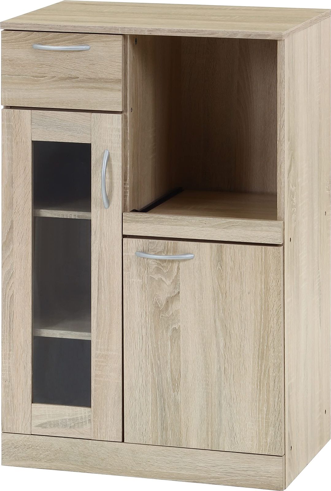 不二貿易 食器棚 キッチン収納 キッチンボード 幅60×奥行39.8×高さ95㎝ ホワイトオーク スライド棚 組立商品 70689