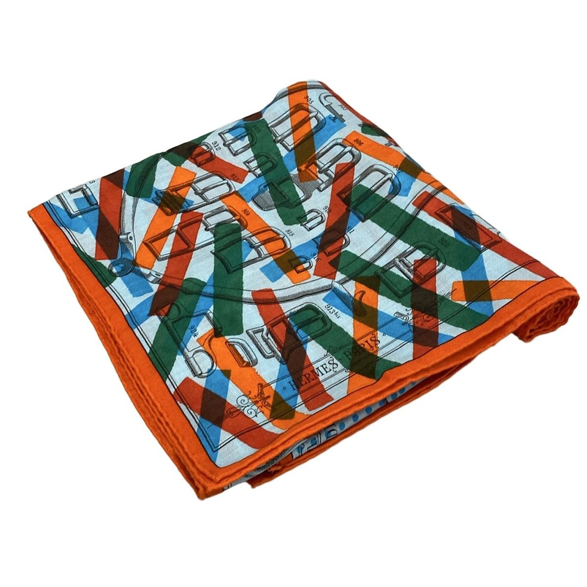 HERMES エルメス ストール ショール カレ140 オレンジ×ブルー×マルチ カシミヤ シルク