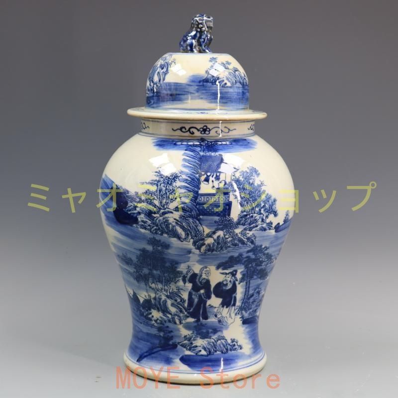 清康熙鯖山水人物獅子頭将軍缶 景徳鎮 陶磁器 装飾品 現代工芸品 美術