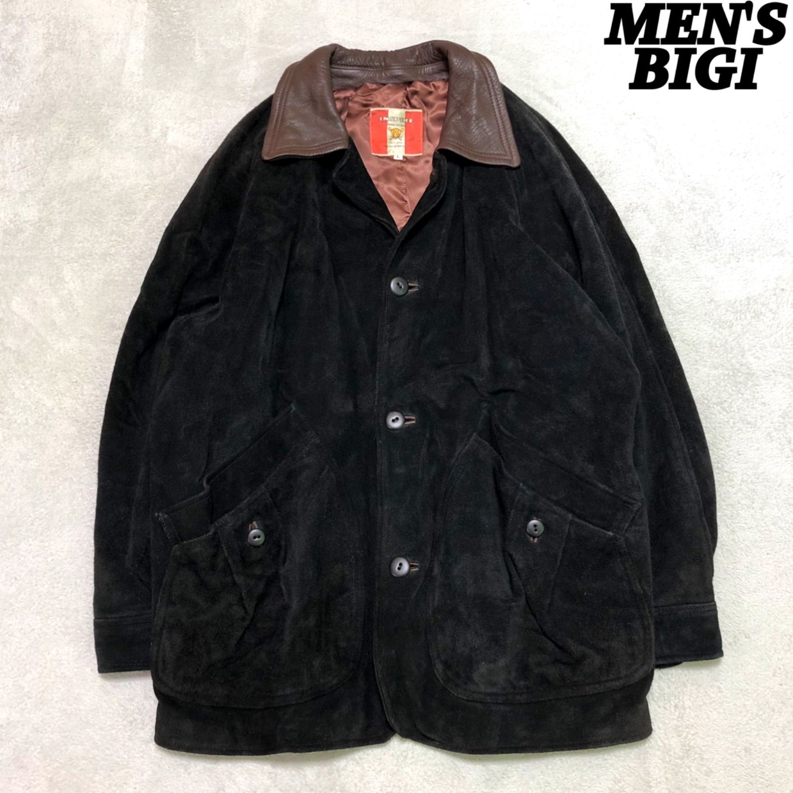 MEN'S BIGI レザーカーコート ハンティングジャケット オールレザー スエード 羊革 × 牛革 切り替え Lサイズ レザージャケット スウェード ブラック 黒 メンズビギ
