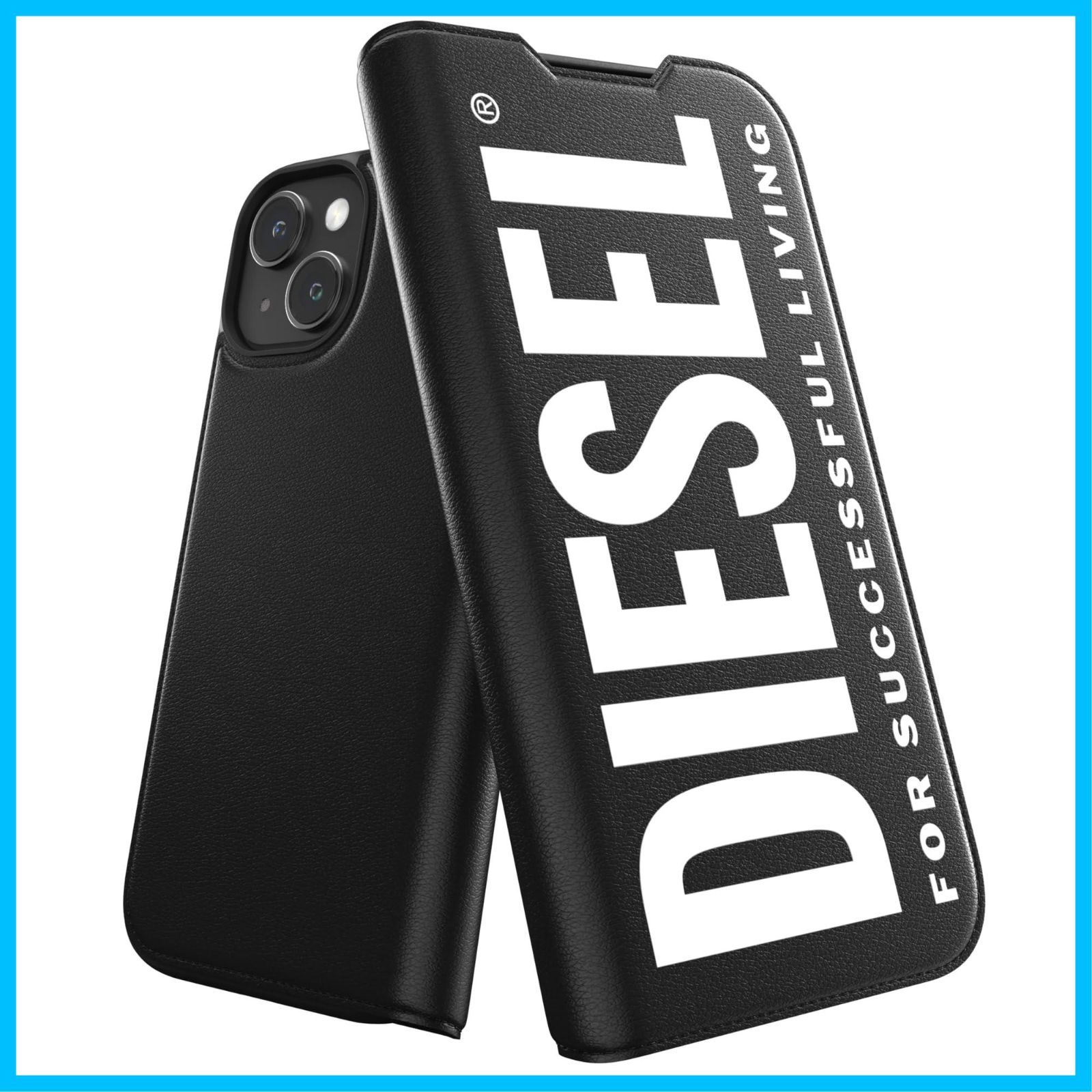 【在庫処分】iPhone15ケース 手帳型 おしゃれ ブランド ロゴ DIESEL デザイン 黒 （ディーゼル iPhone 15 手帳型ケース ブラック/ホワイト）