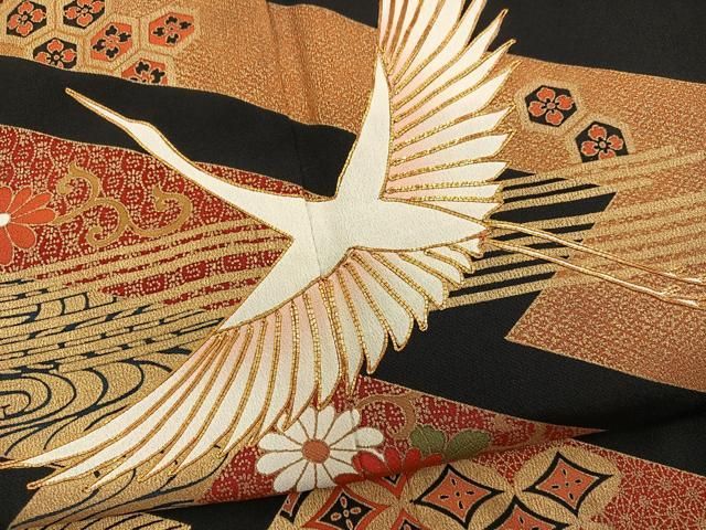 平和屋着物□豪華黒留袖 駒刺繍 扇面草花文 金彩 正絹 逸品 AAAV4149es