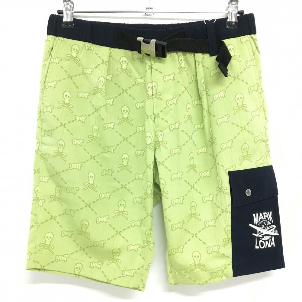 価格 マークアンドロナ ハーフパンツ ライトグリーン×ネイビー スカル総柄 織生地 メンズ 48 L ゴルフウェア モデル MARK＆LONA