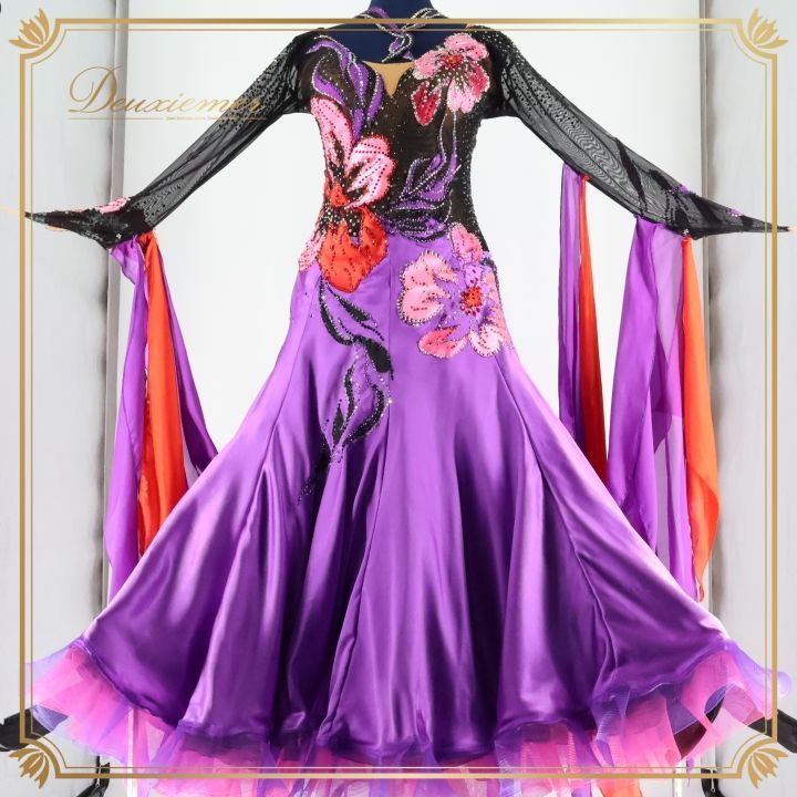 社交ダンス 衣装 スタンダードドレス スタンダード ドレス ワンピース フロート デモ 競技 紫 レース 黒 パーティ 発表会 パープル系 ブラック系 フォーマル ダンス 発表会用 感 光沢 スカート 豪華 レディース 競技用