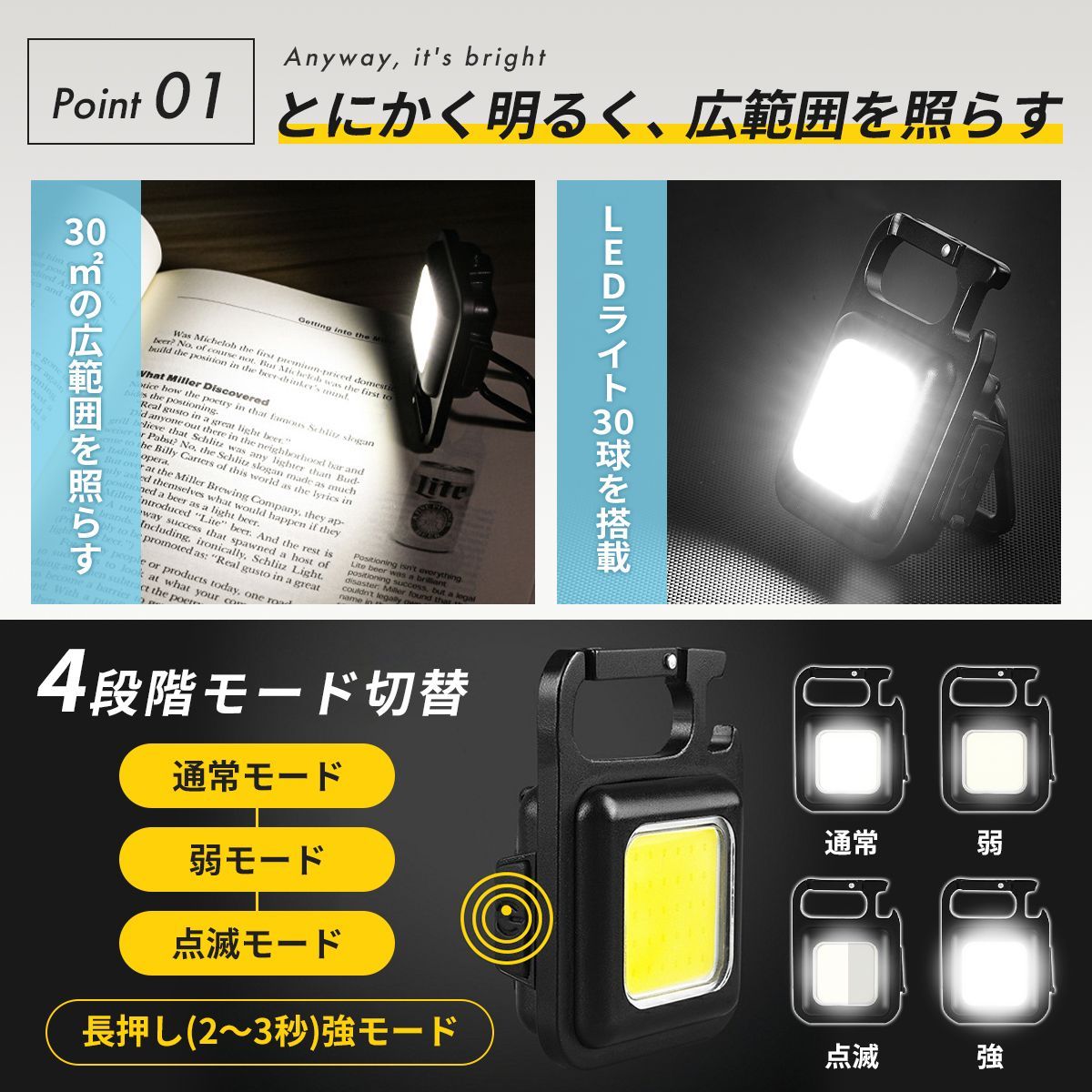 ledライト ミニ投光器 充電式 懐中電灯 COBライト 作業灯 強力 最強 小型 明るい マグネット 防水 ランタン