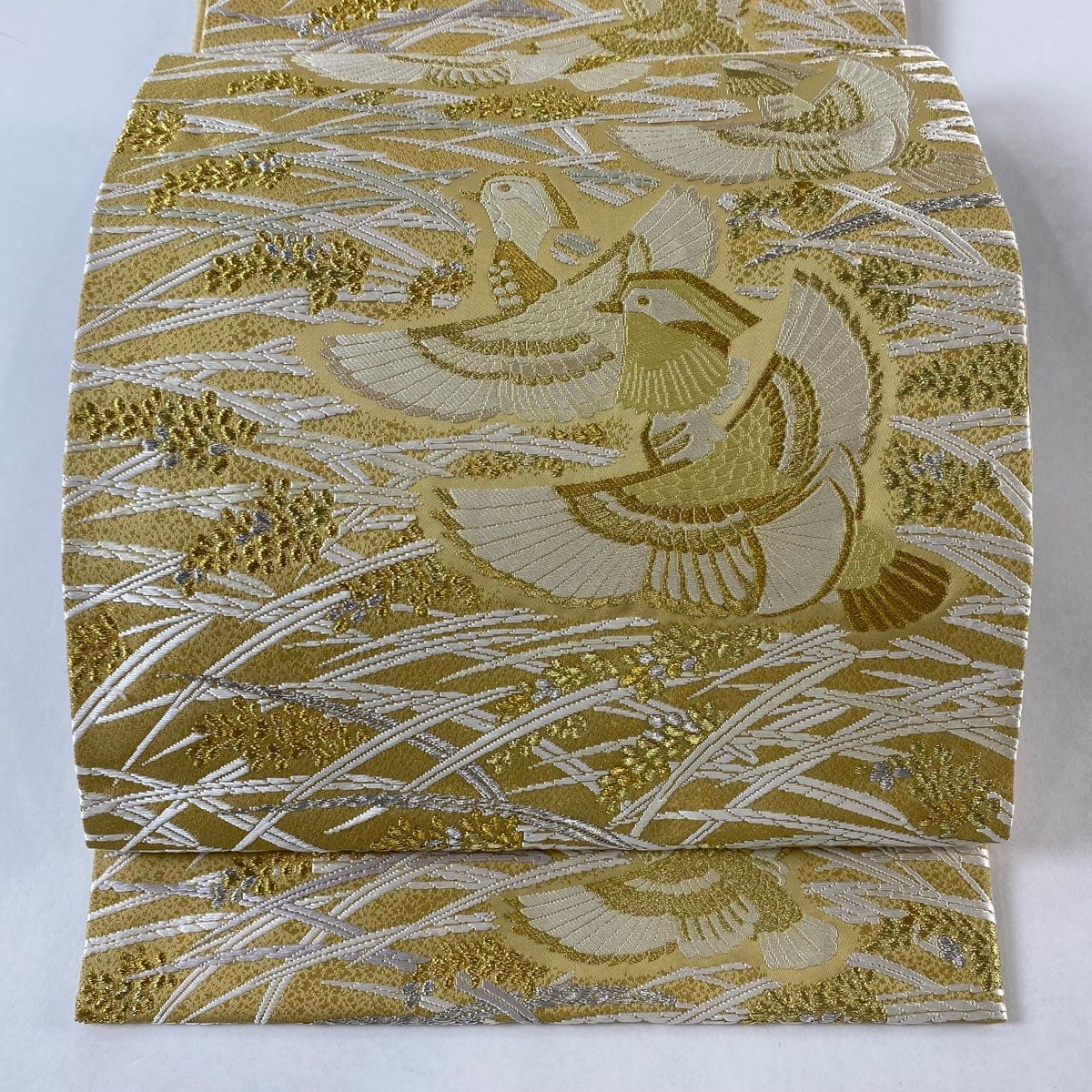 袋帯 美品 逸品 落款 羽田登喜男監修 豊穂瑞鳥文 鳥 稲穂 金銀糸 金色 