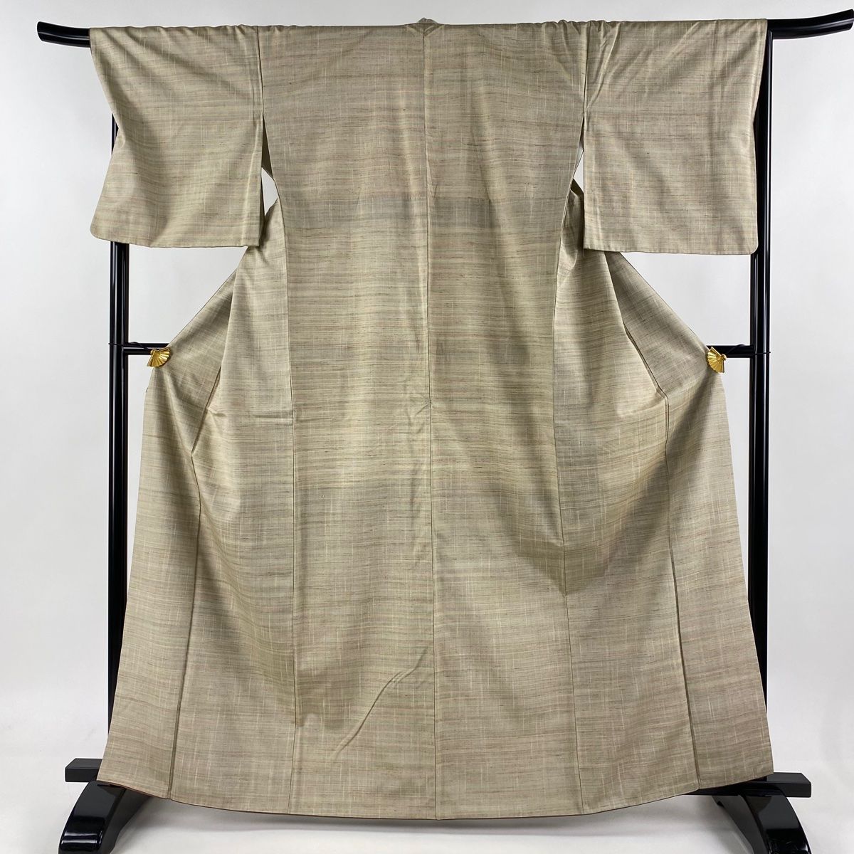 紬 身丈164cm 裄丈68.5cm L 袷 横縞 ベージュ 正絹 秀品