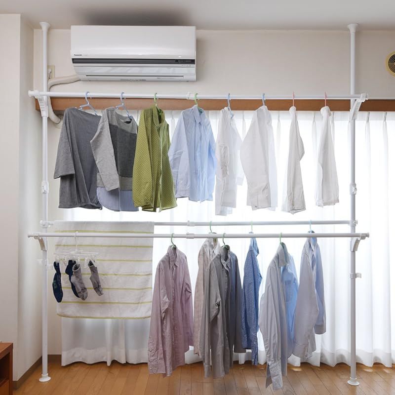 山善 YAMAZEN 突っ張りハンガーラック 衣類収納 幅120-210cm 耐荷重 45kg ダブル 布団も干せる 縦横伸縮 引っ掛け棒付属 組立かんたん ホワイト WJM-3 WH 0