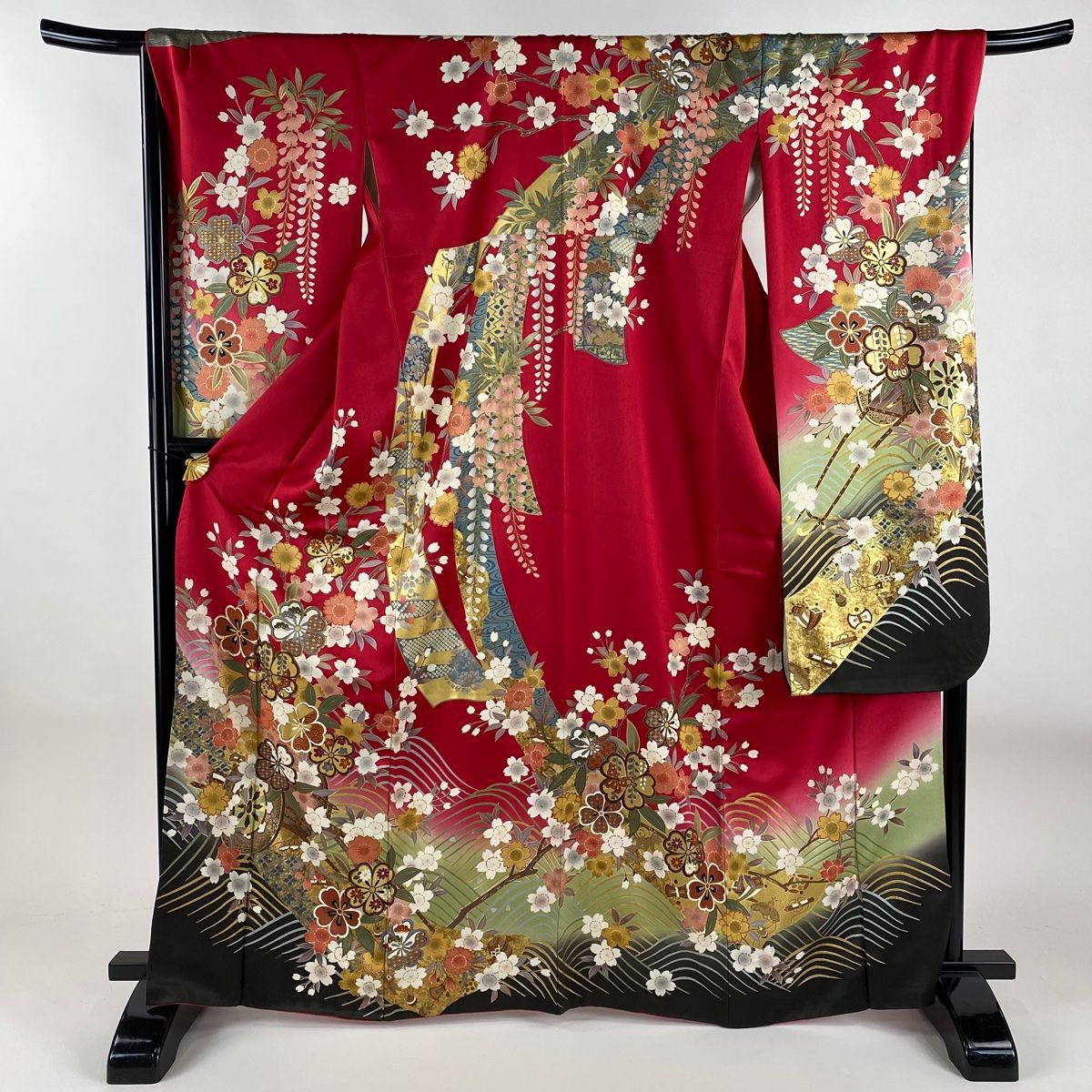 振袖 身丈166cm 裄丈68.5cm L 袷 花車 桜 金糸 金彩 赤 正絹 名品