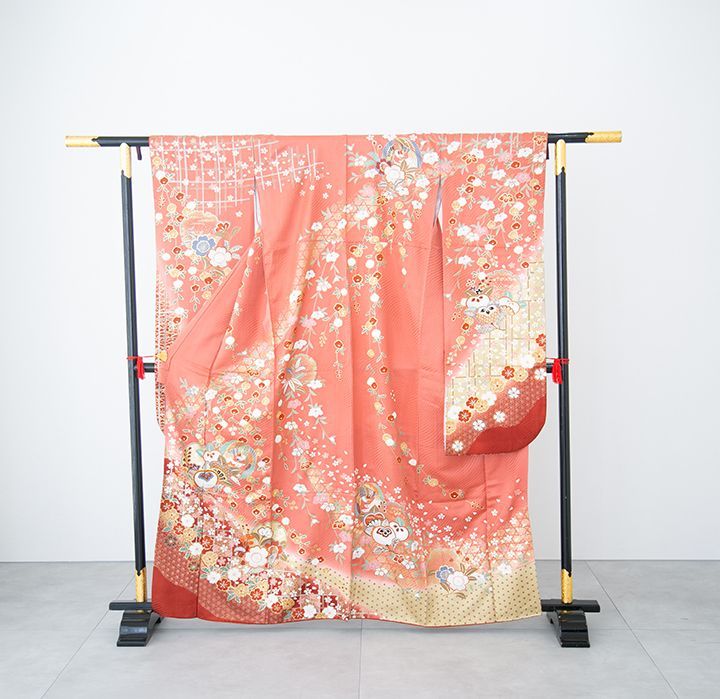 美品 No.16 振袖(正絹)ローズピンク 鳳凰と橘 しだれ桜(187 美品 No.16 振袖(正絹)ローズピンク 鳳凰と橘 しだれ桜(187