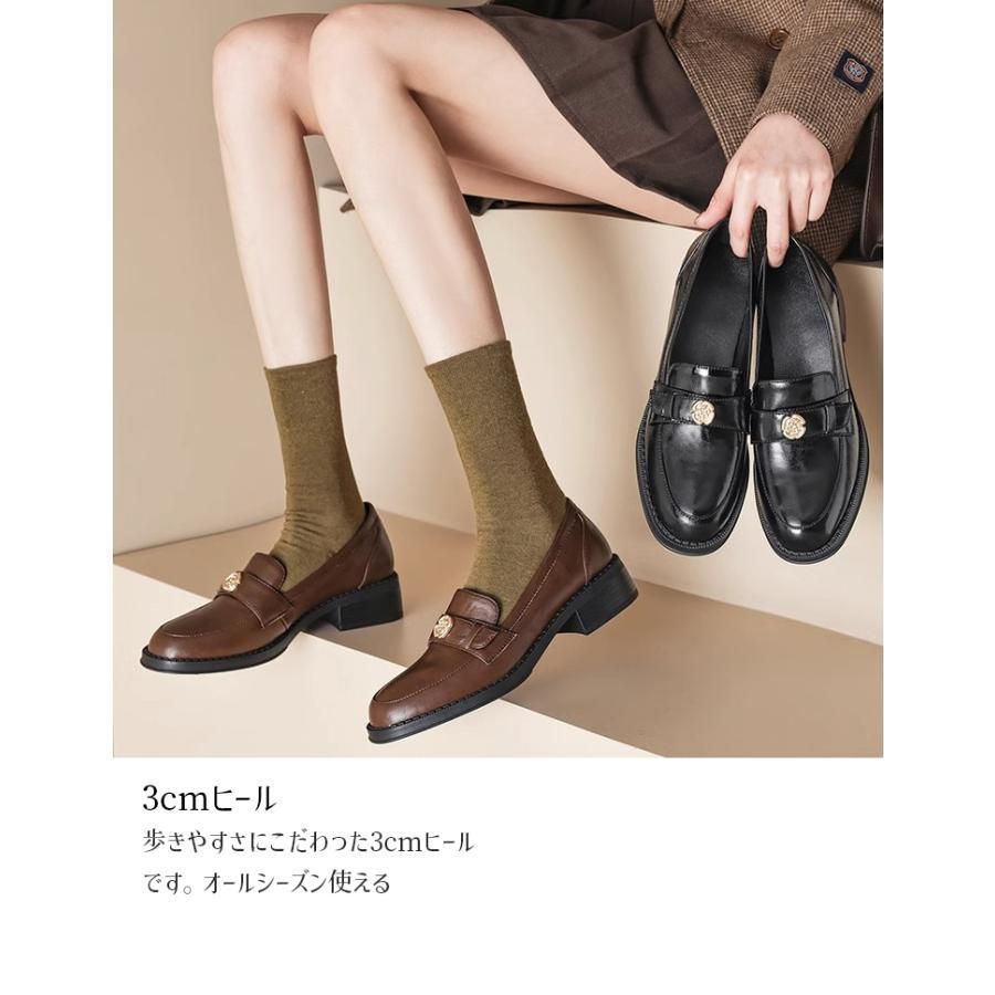 ローファー 靴 レディース スクエアトゥ ３cmヒール コインローファー レザー 消臭 軽量 柔らか コーデ 春 夏 秋 冬 シンプル 滑り止め 柔  - メルカリ