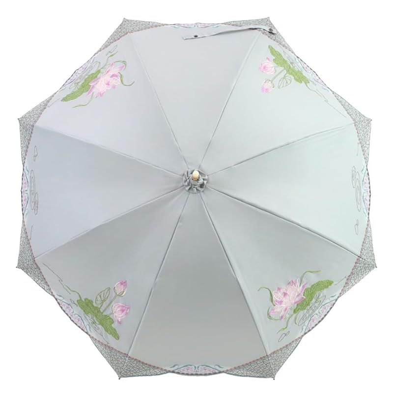 シノワズリーモダン 日傘 女優日傘 蓮花 オーガンジー刺繍 長日傘 完全遮光 遮熱 逃熱 UVカット かわず張り 涼しい 晴雨兼用傘 ライトグレー 0
