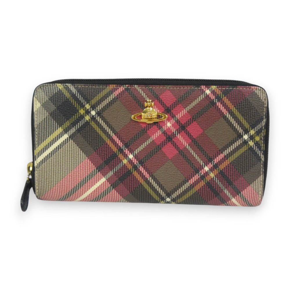 美品 Vivienne Westwood ヴィヴィアンウエストウッド チェック柄 オーブ金具 ラウンドファスナー 長財布 ピンク グレー系 レディース 古着  USED