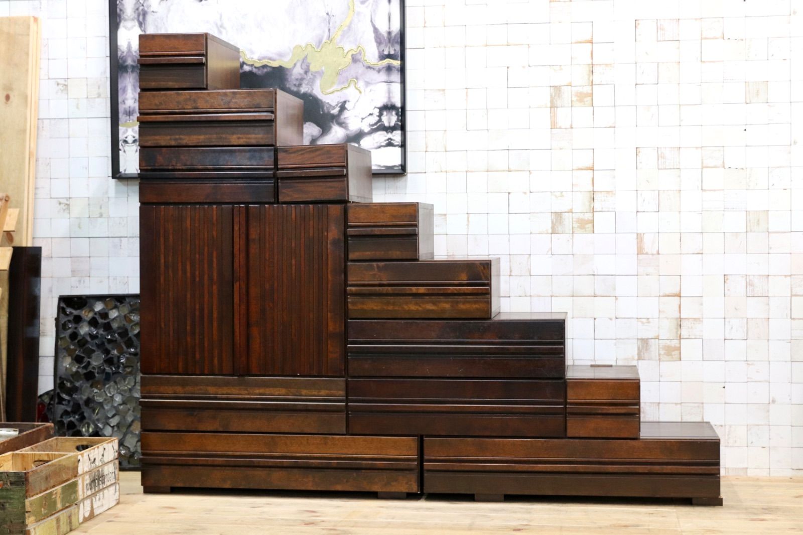 GMIH268○最 特注 民芸家具 階段箪笥 ミズメザクラ 和製アンティーク 組み合わせ自由 整理箪笥 検 星野民芸 九州民芸 松本民芸家具