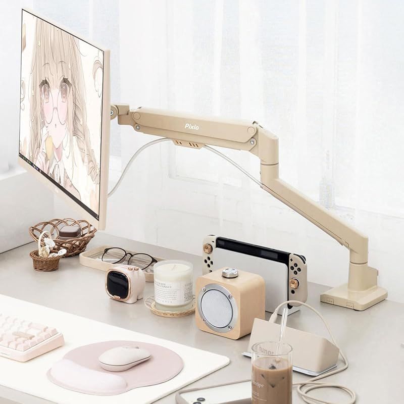 Pixio PS1S Wave Beige ベージュ モニターアーム シングル かわいい 上下 左右 32インチ 24インチ 27インチ