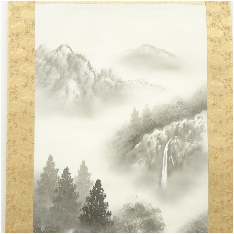 本表装】肉筆掛け軸水墨画 山水画「山峡帆影」美術品 絵画 和室 茶室